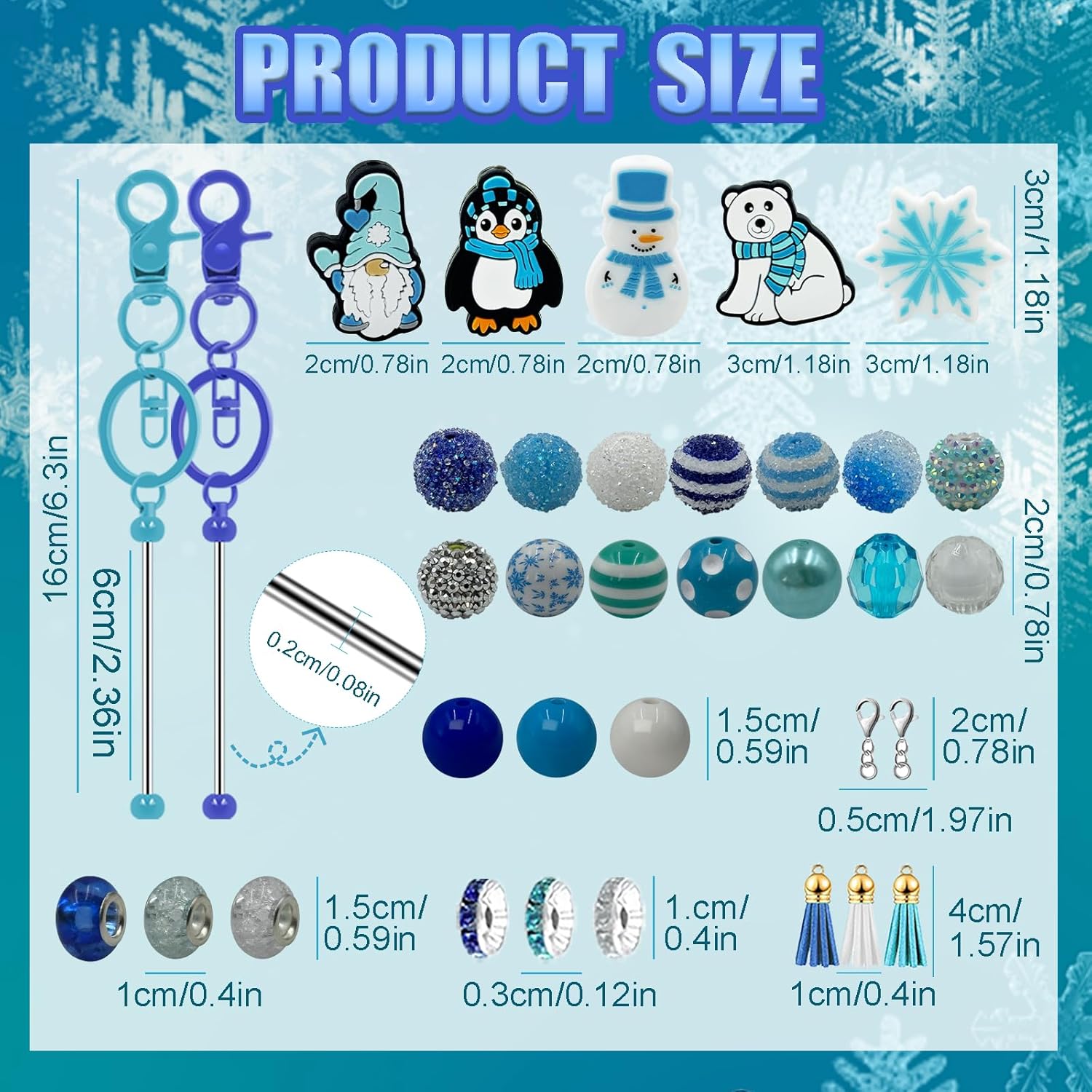 HEYUNG 15 Sets Christmas Beadable Keychain Bars, Winter Beaded DIY Keychain with Blue Acrylic Beads and Tassels Snowflake Beaded DIY Keychains Rings for Women Men Student Craft Supplies