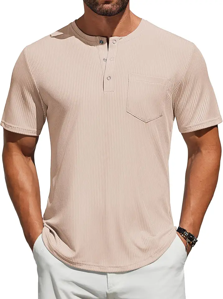 COOFANDY Mens Henley Shirts Short Sleeve Tshirt Basic Button Tees Summer Ribbed Pocket T Shirt Casual Stretch Tops