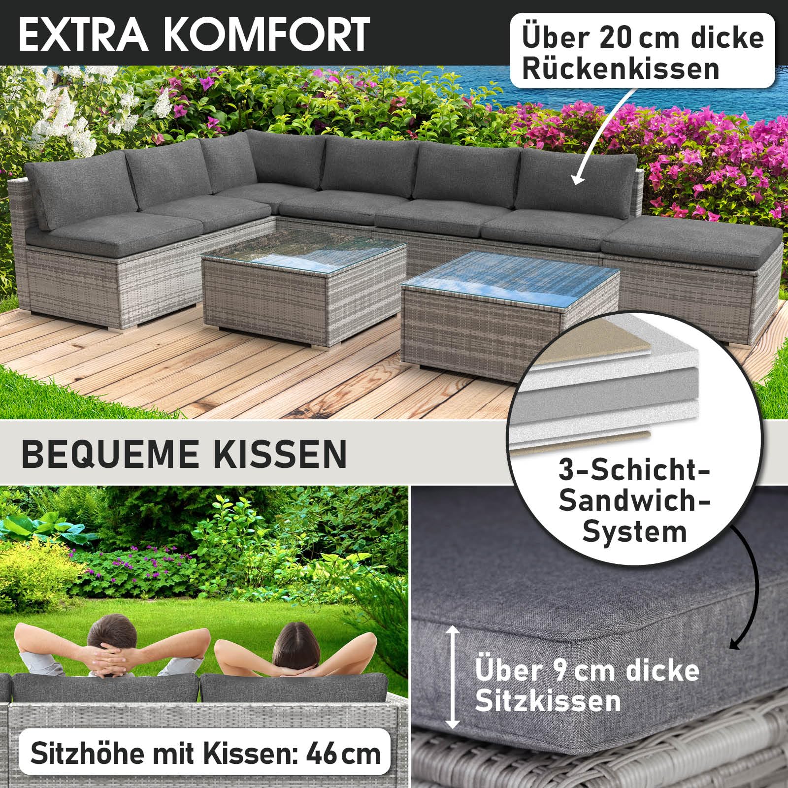 BRAST Gartenmöbel Lounge Set | 6-7 Personen viele Modelle & Farben | inkl. extra Dicke Kissen | Outdoor Loungemöbel Sitzgruppe Essgruppe Garnitur | Relax Grau