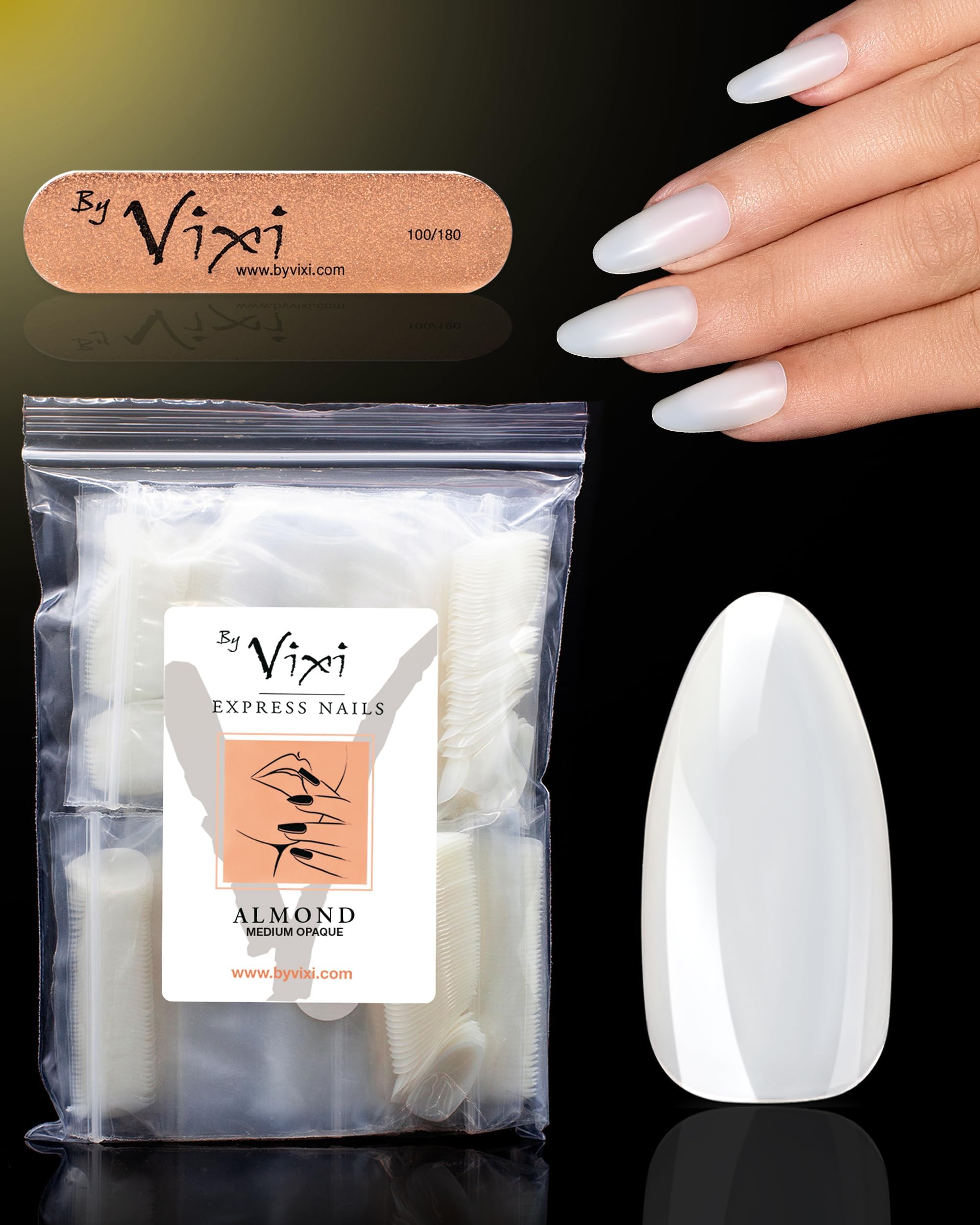 600 Medium Almond Press On Nails Set with By Vixi Prep File – Natural Full Cover False Nails, Stick On Fake Nail Tips 10 Sizes, Acrylic Nail Extensions for Gel Polish & Nail Art