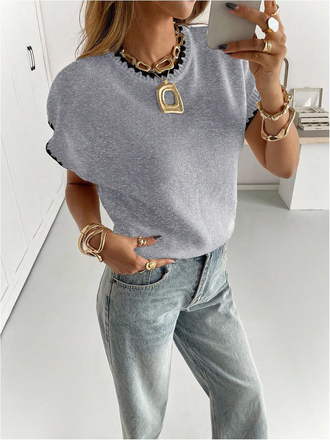 SOLY HUX Women's Short Sleeve Sweater 3D Floral Sweaters Pullover Tank Tops Knit Vest Trendy Fashion Clothing Pure Light Grey Large - Image 4