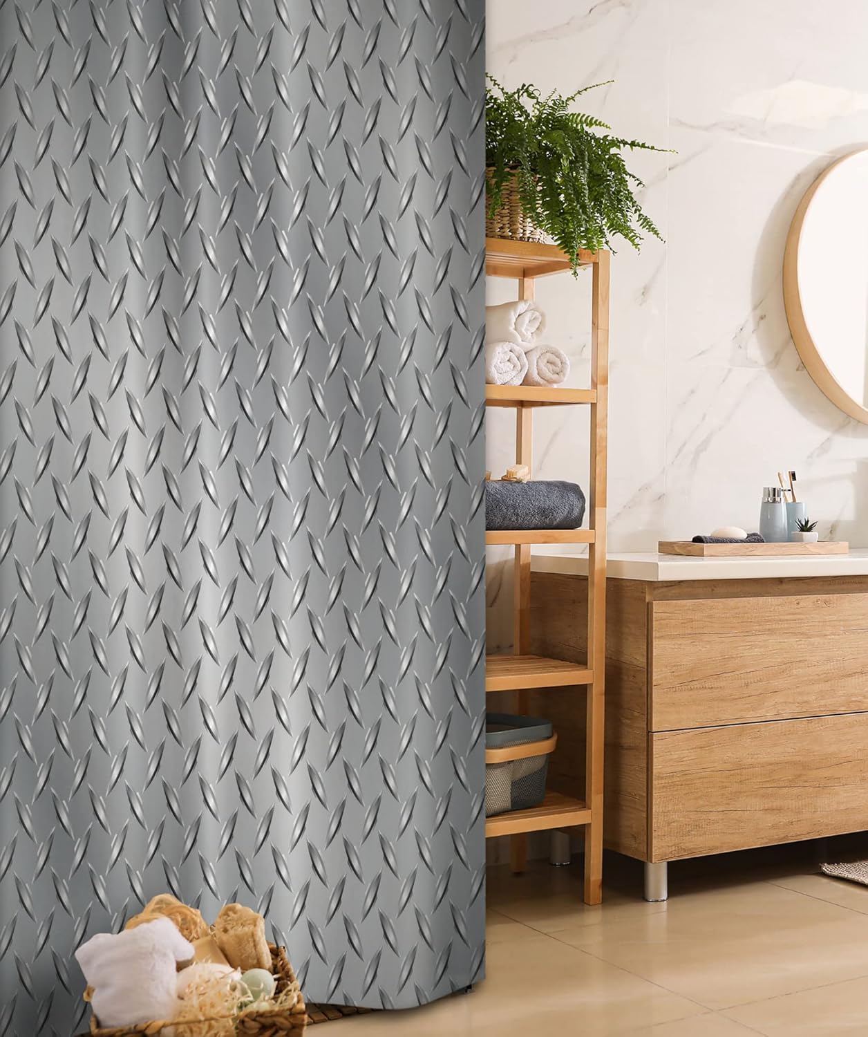 Ambesonne Grey Stall Shower Curtain, Fence Design Netting Display Diamond Plate Effects Chrome Motif Print Illustration, Fabric Bathroom Decor Set with Hooks, 36" W x 72" L, Grey