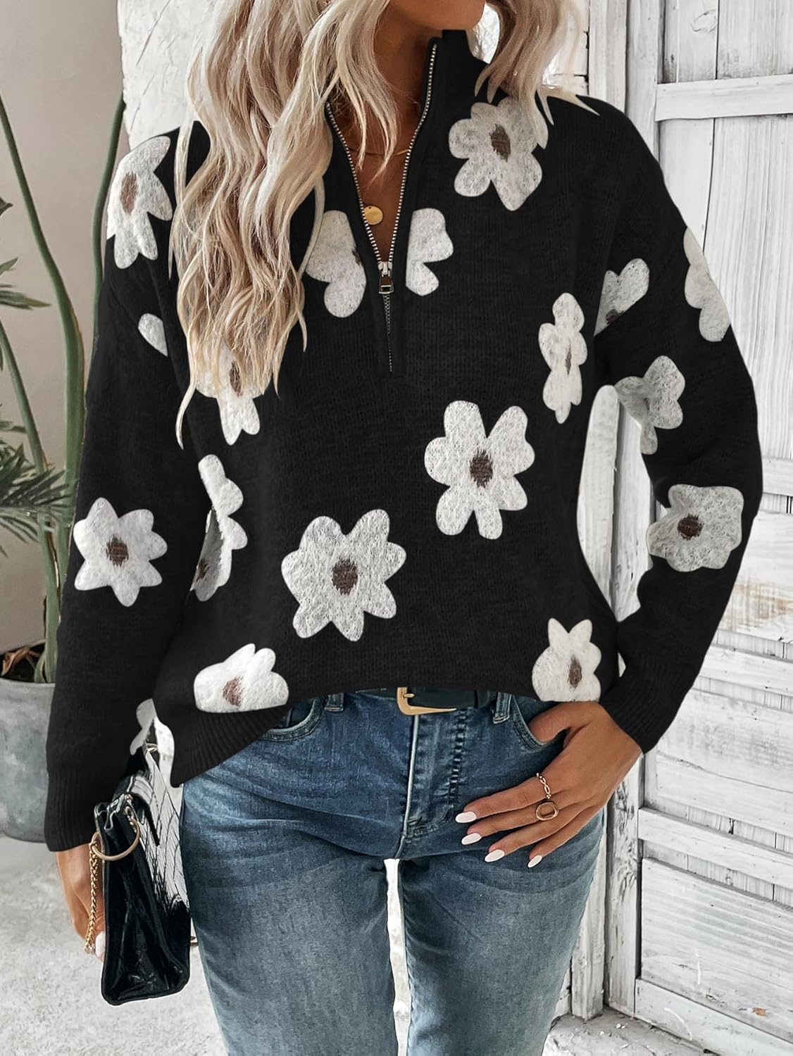 SOLY HUX Women's Quarter Zip Floral Sweaters Long Sleeve V Neck Casual Pullover Going Out Sweater Tops - Image 6