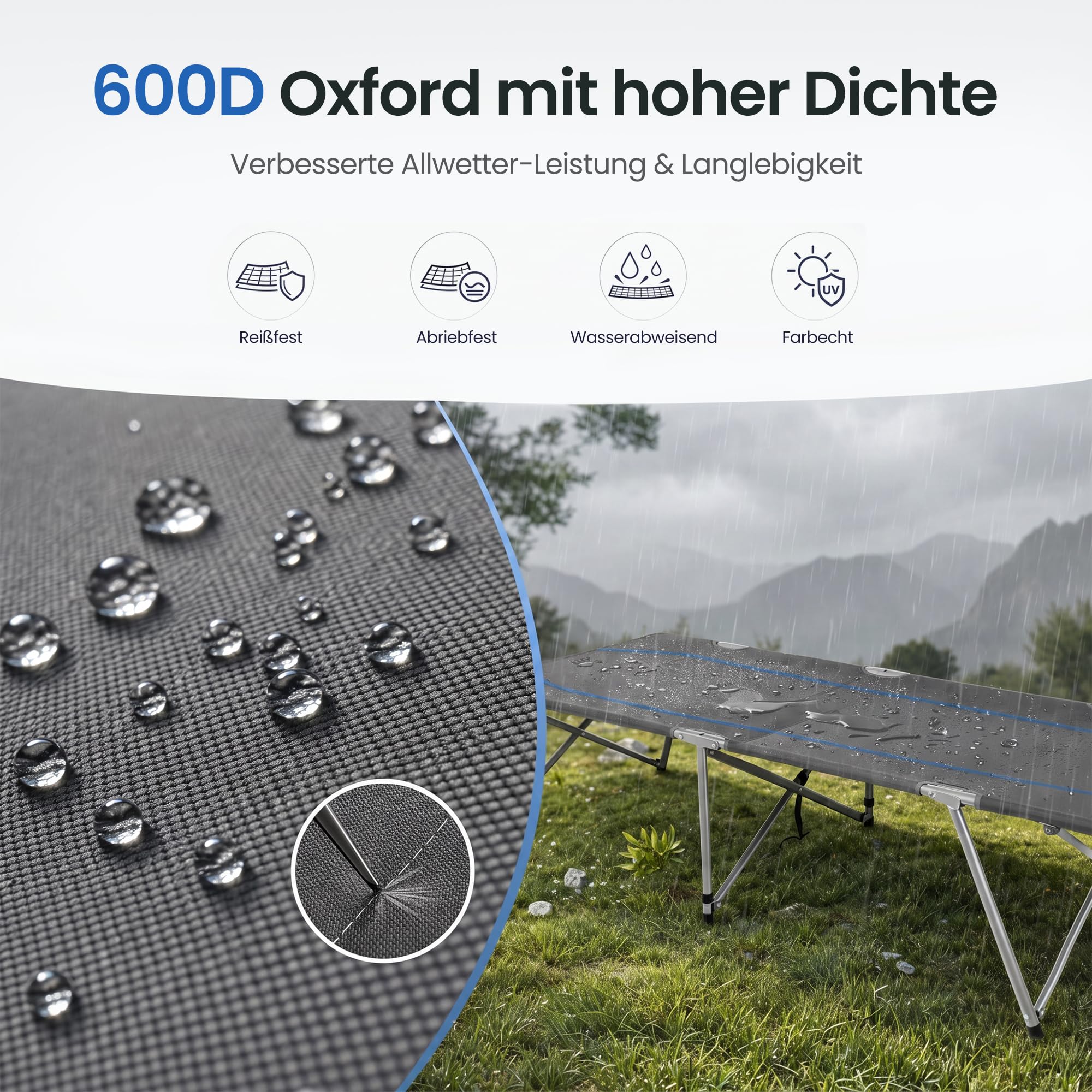 High Peak Feldbett klappbar, hohe Liegefläche, 190 x 65 x 45cm, bis 120kg | Gästebett mit 600D Oxford, pulverbeschichteter Stahlrahmen und Packmaß 95,5 x 14,5 x 12,5cm für Camping, Büro und Gäste