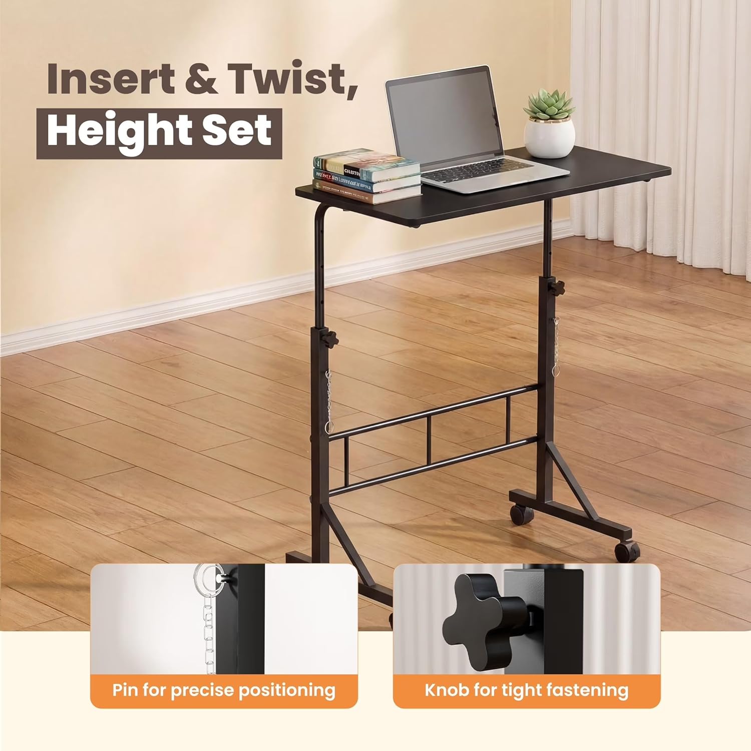 Dual Desktop Height Adjustable Rolling Desk with Wheels, Treadmill Desk for Walking Pad, Mobile Computer Table with Cup Holder for Home Office Bedroom Living Room, Black