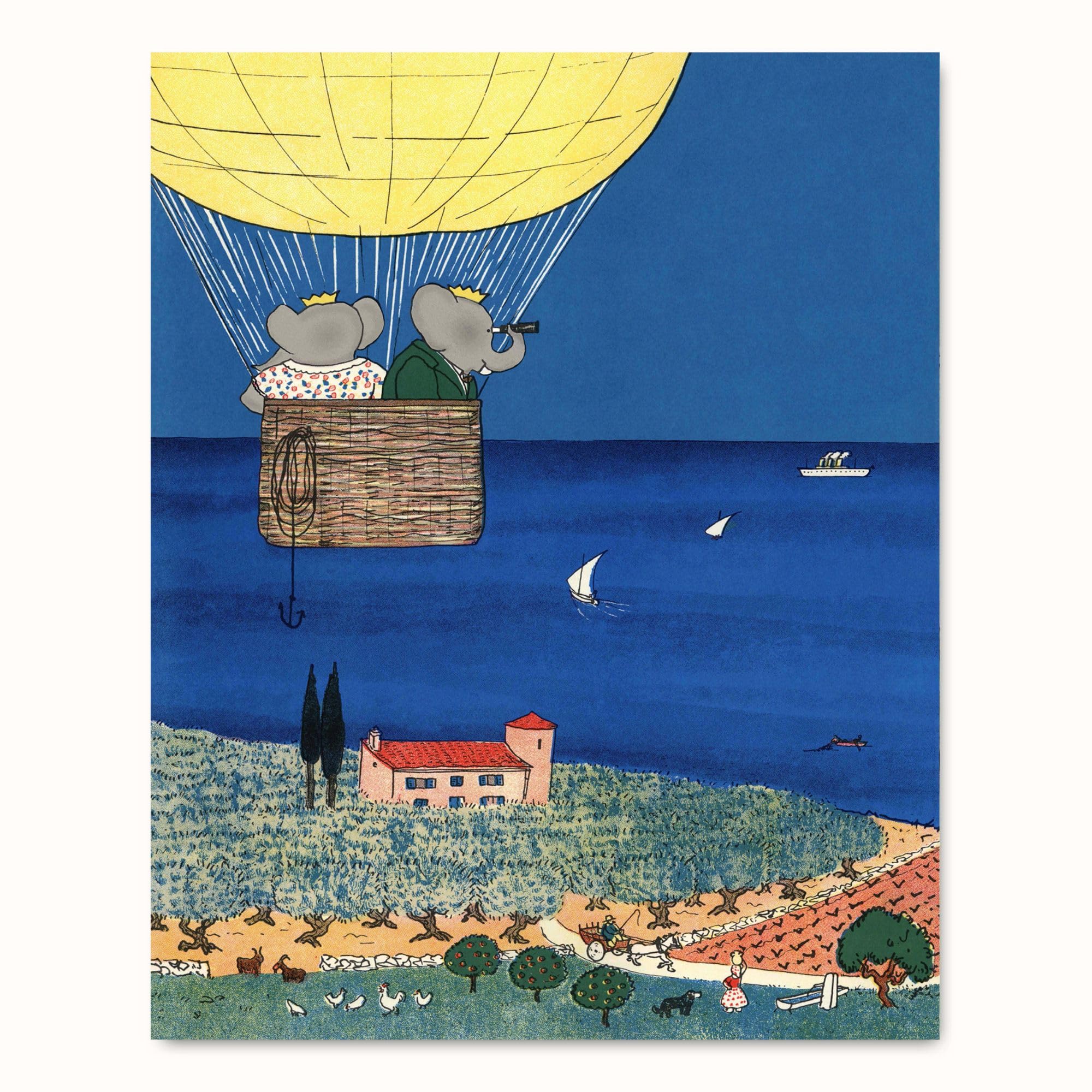 Hot Air Balloon Ride, Babar The Elephant Nursery Art - Baby Boys Room, Little Girls Decor - Unframed