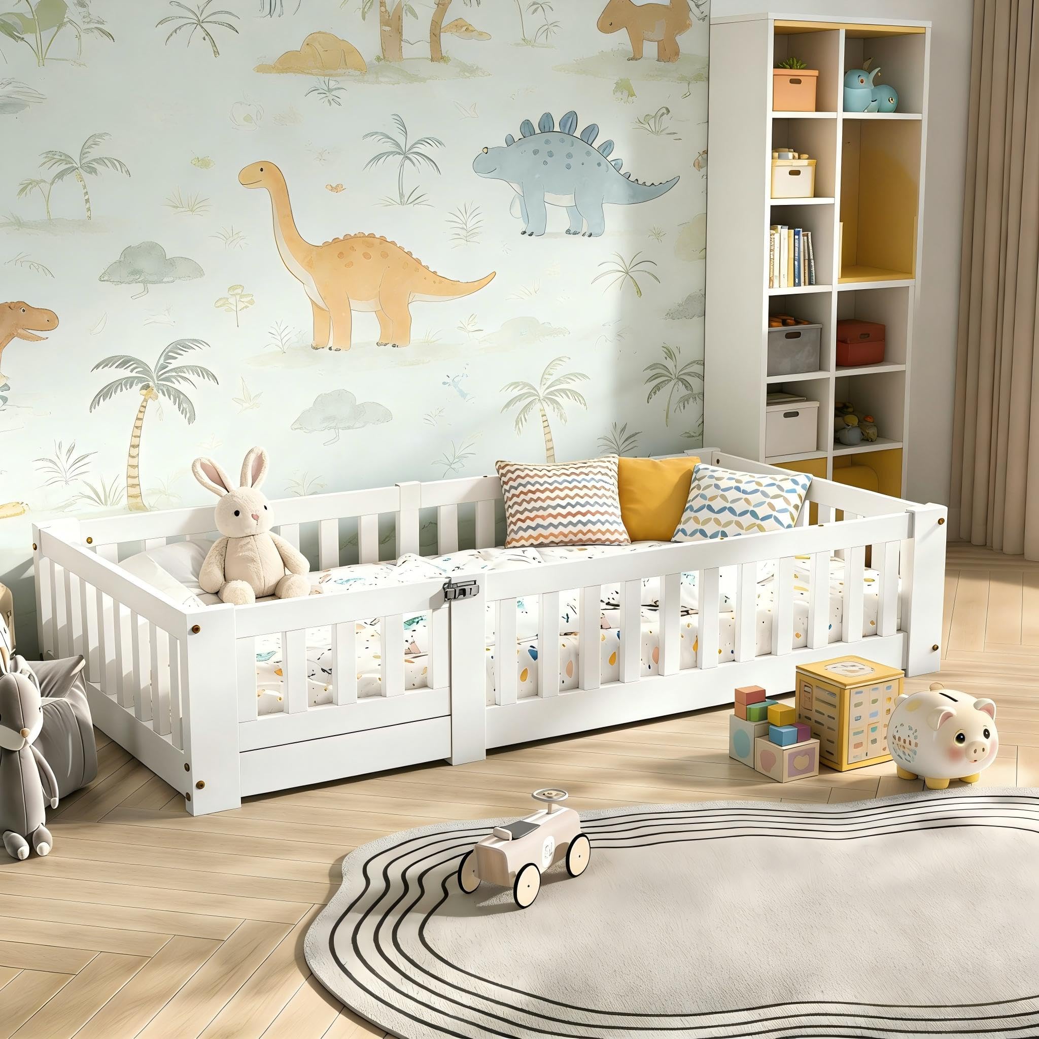 Cama infantil 80 x 160 cm, cama Montessori en el suelo de madera maciza pino con protección contra caídas y somier de láminas, cama de barrotes para niños y niñas, blanco (blanco, 80 x 160 cm)