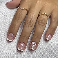 Vista 20 de Uñas postizas Rilafuvu de longitud media con punta francesa, uñas de cobertura completa, uñas cuadradas a presión, uñas rosas con diseños de flores