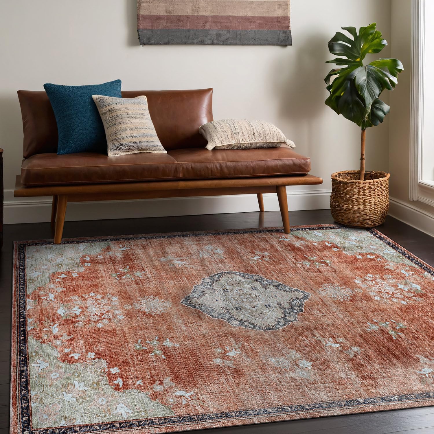 Beverly Rug Non Slip Rugs 8x10 Boho Medallion Floral Non Skid Rubber Backing Easy Silk Soft Area Rug for Living Room Easy to Clean Non Shedding Kitchen Bedroom Indoor Carpet (8 x 10 Orange - Cream)