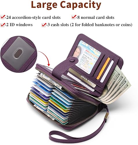 Miniatura 2 de GAEKEAO Cartera pequeña de cuero para mujer, con bloqueo RFID, con cremallera, organizador de tarjetas con llavero, A05-Púrpura-Large, Retro