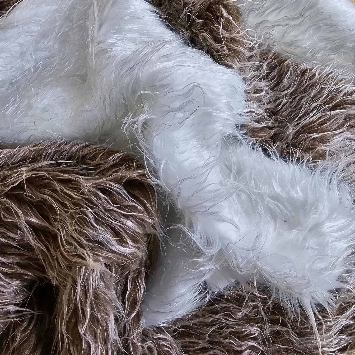 Faux Fur Fabric 4 Fat Squares Long Hair Pile Two Tone Brown x 2pcs and White x 2pcs, Soft Cuddly Handle Material, 40x40cms, Neotrims UK