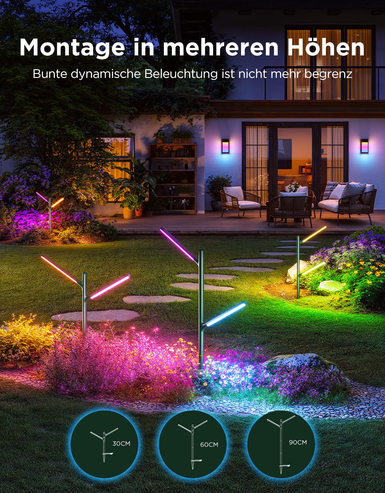 Govee RGBWWIC Gartenleuchte, 1100lm 16M DIY-Farben, CRI 94, IP66 Metall | 1100lm 2700-6500K, 3x2.5m Coverage, 30-90cm DIY Höhe, 64 Scenes, 20,000h life, Alexa Matter Kompatibel, Branch-style design