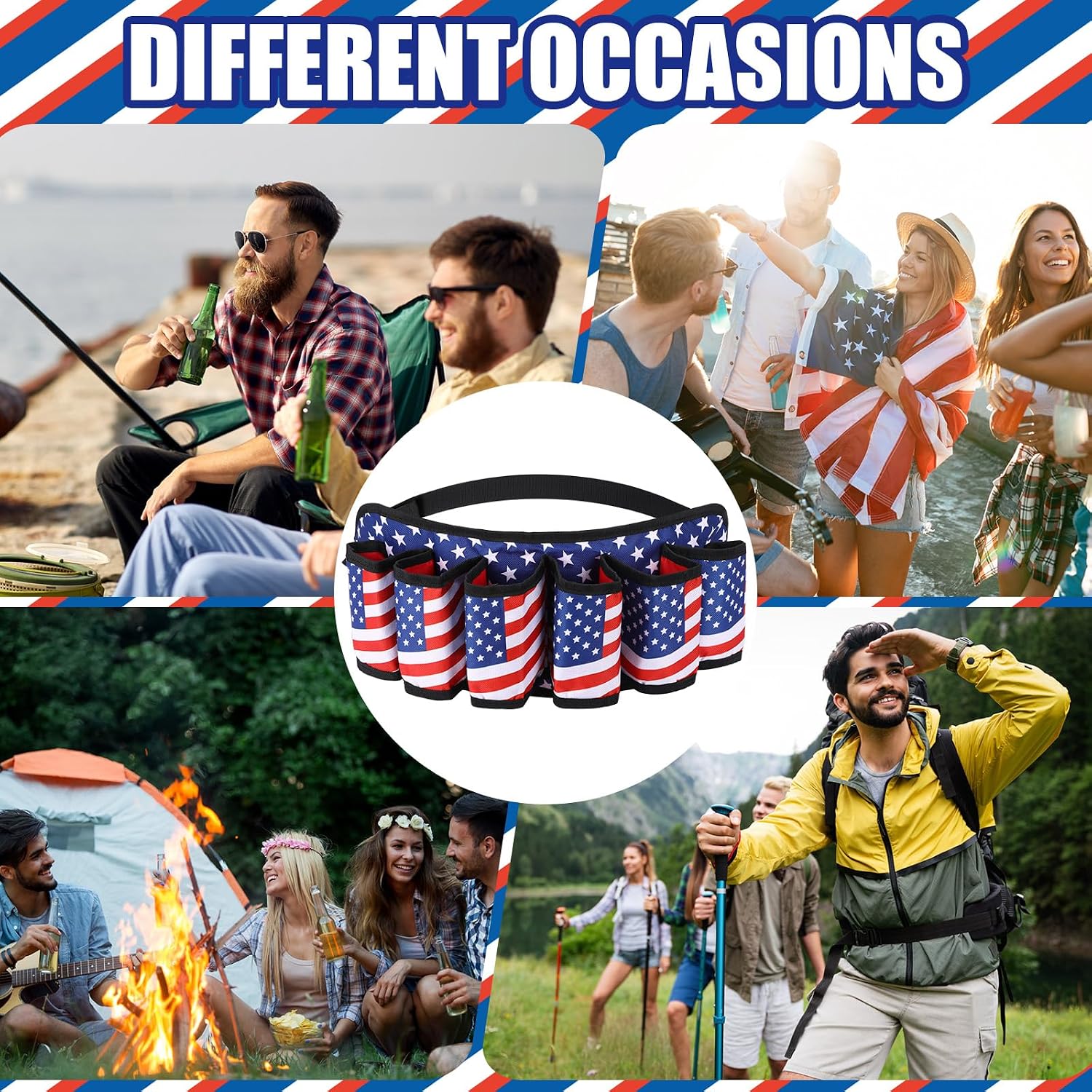 3 Pcs Beer Belt Americana Beer Belt Holder for Men 4th of July Beverage 250th Anniversary 6 Can Holder Adjustable Strap