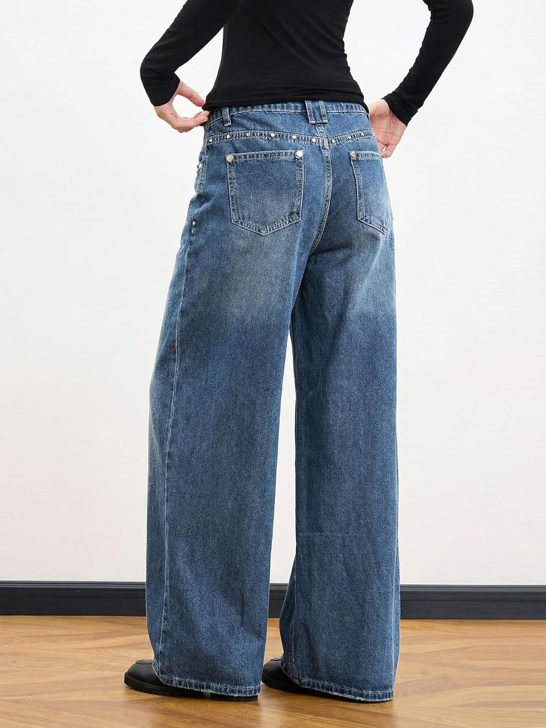 EMMIOL 2026 Women’s Mid High Waisted Wide Leg Jeans Rivet Y2K Baggy Jeans Trendy Loose Straight Denim Pants with Pockets - Image 4