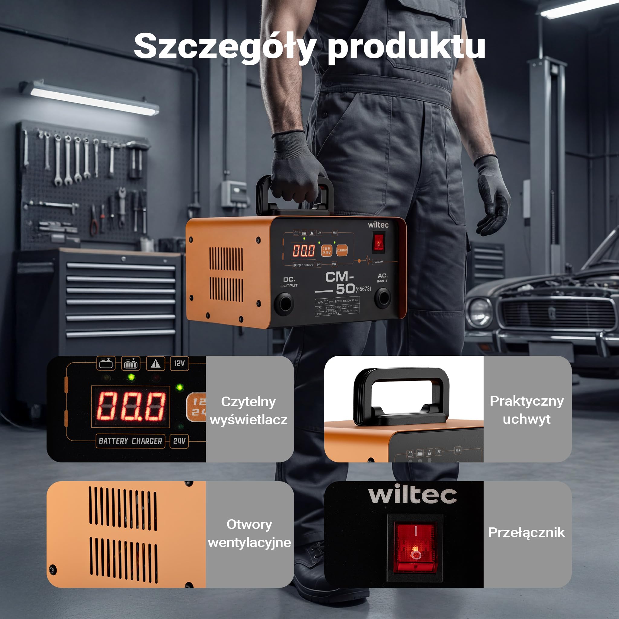 Wiltec Prostownik do auta 12-24 V, 16 Ah, 30-300 Ah do akumulatorów samochodowych i motocyklowych, rozruch 490 W, inteligentna ładowarka z wyświetlaczem LCD i uchwytem