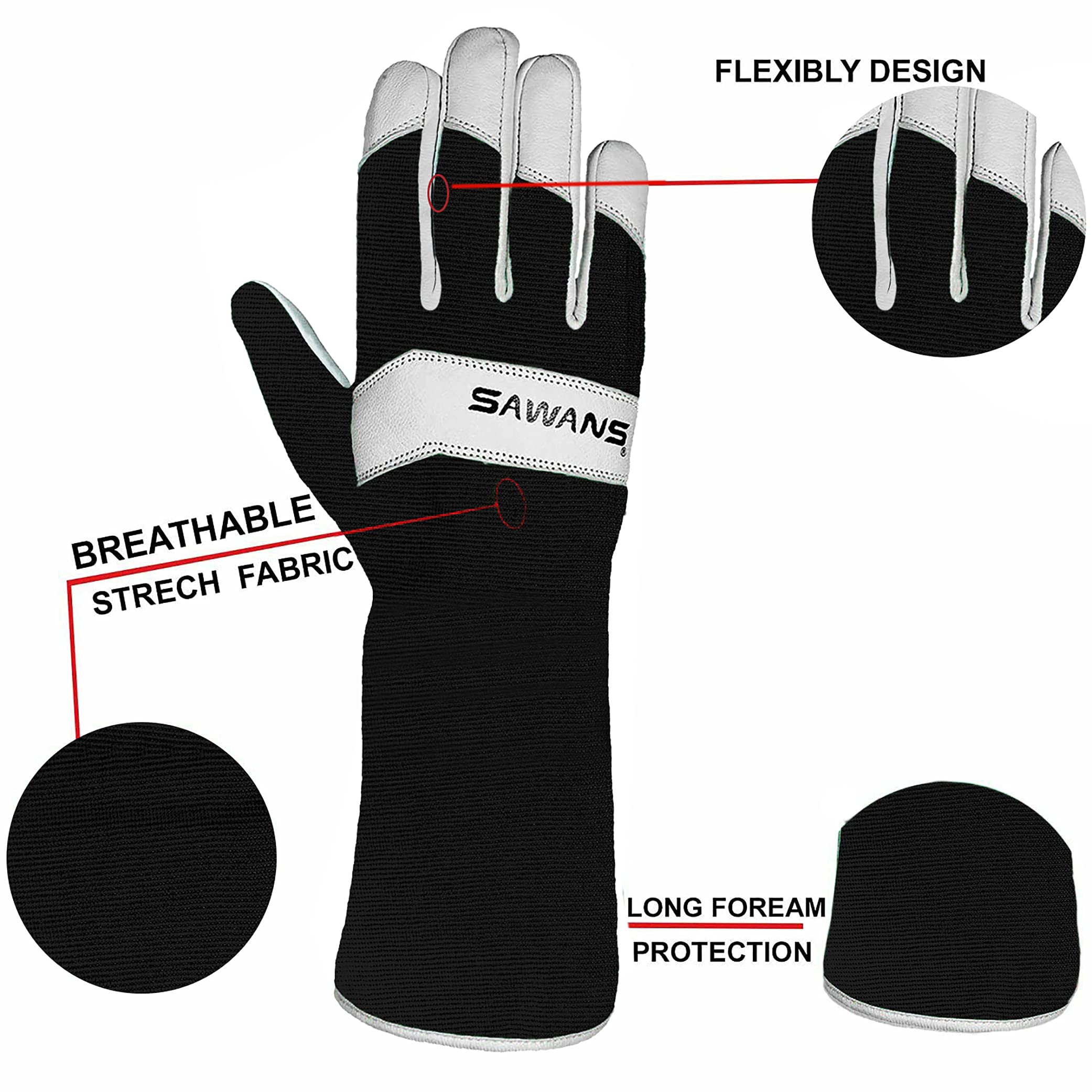 SAWANS Long Gardening Gloves Leather Ladies Men Women Durable Goatskin Garden Gloves Forearm Protection Thorn Proof Gardener Work Spandex Sleeves Rose Pruning Gift (Black - Image 3