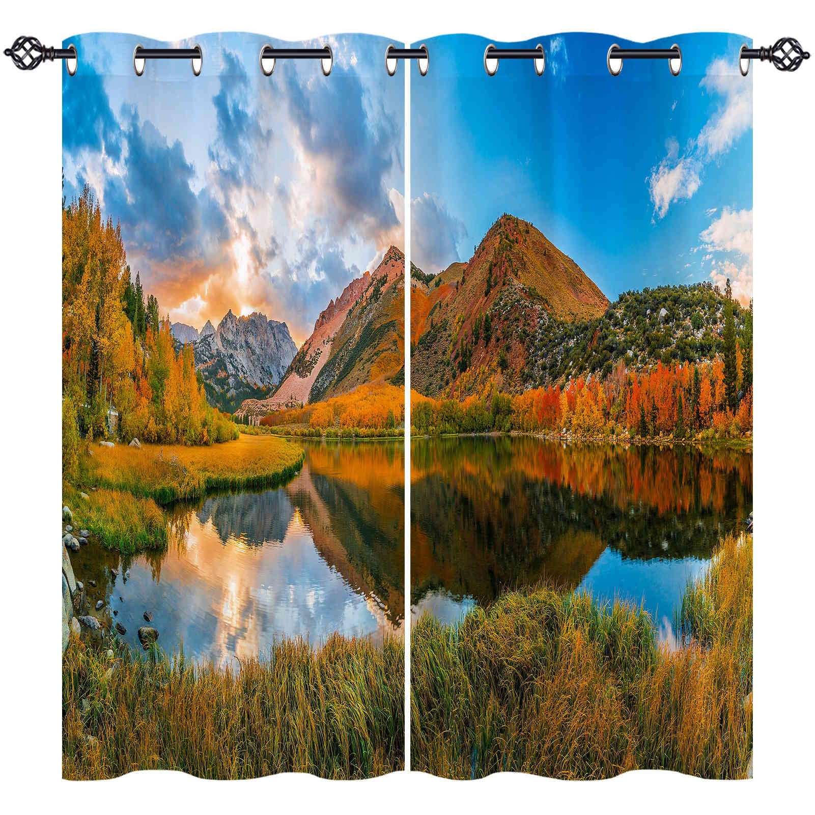 ANHOPE Landscape Curtains Eyelet 80% Blackout Room Darkening Curtains Nature Autumn Forest Lake Mountain Print Pattern Light Blocking Window Drapes for Bedroom Living Room 52 x 63 Inch Drop 2 Panels