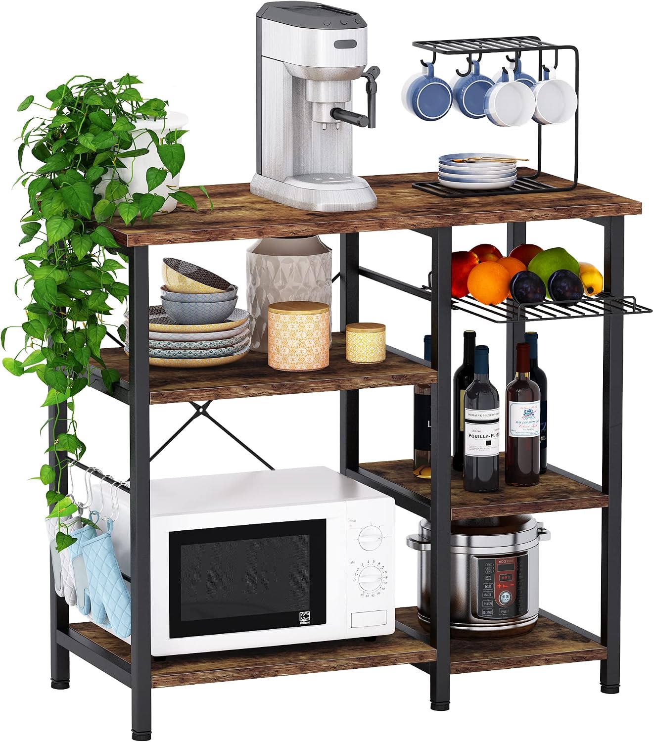 Mr IRONSTONE Bakers Rack, 35.5" Coffee Bar, 10 Hooks Microwave Stand with Wire Basket, 3-Tier Kitchen Storage Shelf, Kitchen Stand for Spice Rack Organizer Workstation, Rustic Brown