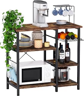 Mr IRONSTONE Bakers Rack, 35.5" Coffee Bar, 10 Hooks Microwave Stand with Wire Basket, 3-Tier Kitchen Storage Shelf, Kitchen Stand for Spice Rack Organizer Workstation, Rustic Brown