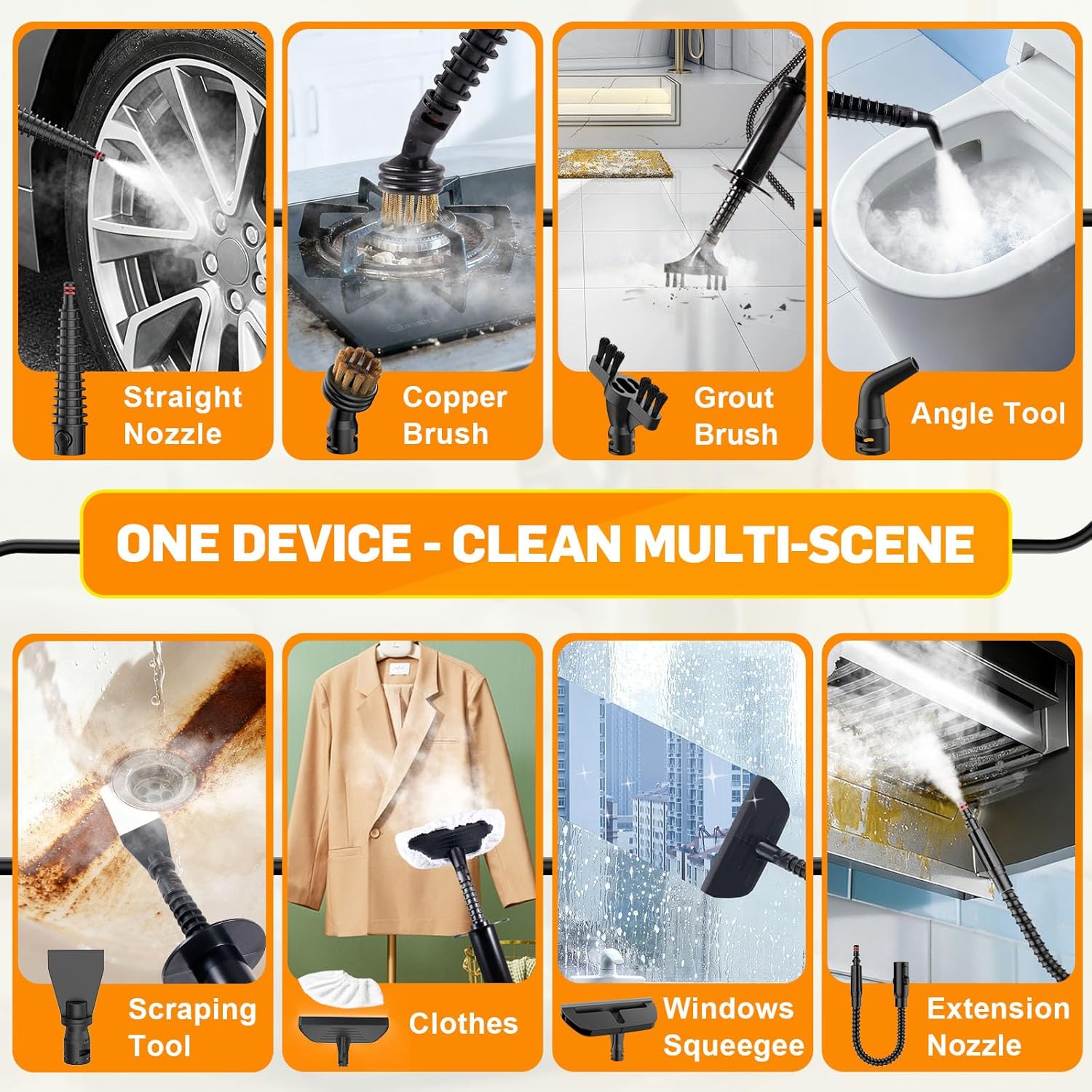 Handheld Pressurized Steam Cleaner for Home - 15s Heat-Up 3-Level Adjustable Steam Cleaner with 14pcs Accessories, Multi-Surface Steamer for Cleaning Car Detailing, Tile, Grout, Chemical-Free(Grey)