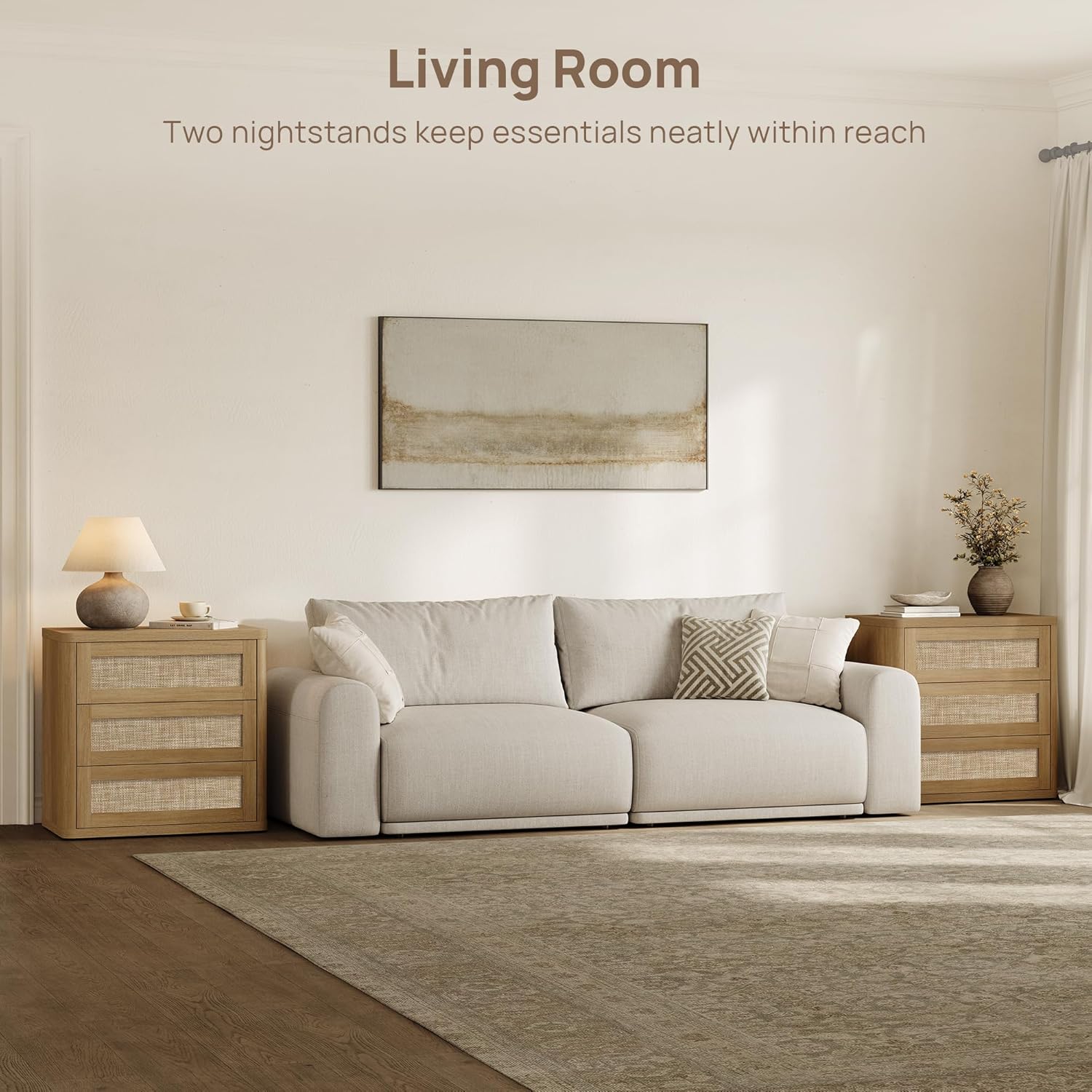 SICOTAS 26.8" Oversized Rattan Nightstand Set of 2, 3 Drawer Bedside Tables for King & Queen Beds, Large Boho End Tables with Rounded Edges & Push-to-Open Drawers for Master Bedroom, Amber Oak