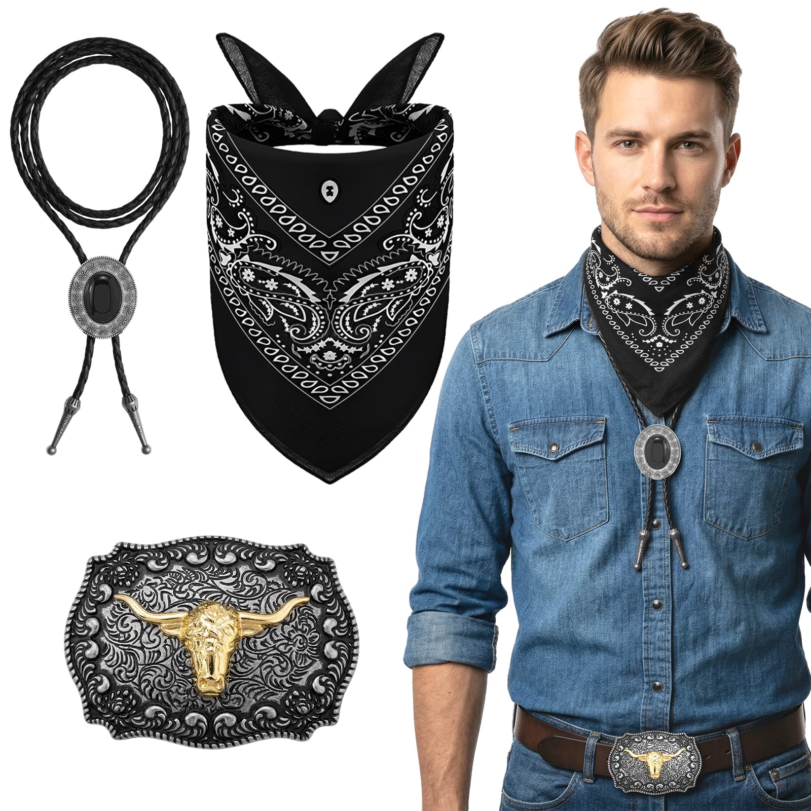 Lrrtdepy Cowboy Fancy Dress Set with Necklace for Women and Men Party (Black)