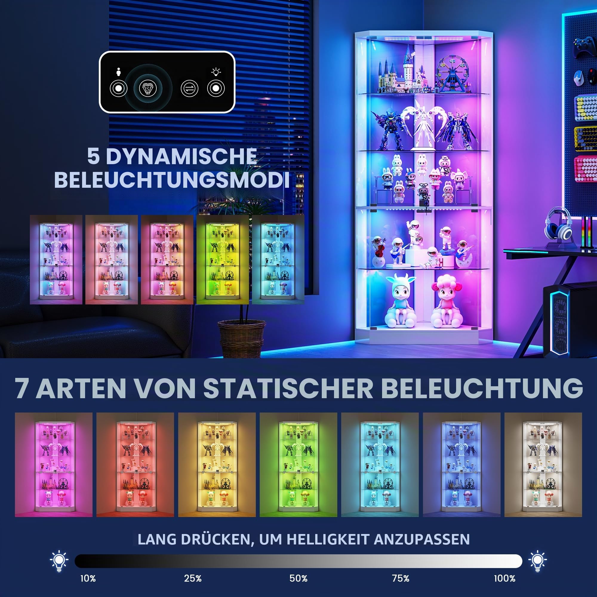 Lvifur 175cm 5-Lagen Eckvitrine mit Menschlicher Sensor & Glastüren,Weiß | Glasvitrine mit LED Beleuchtung für Sammlervitrine und Wohnzimmer