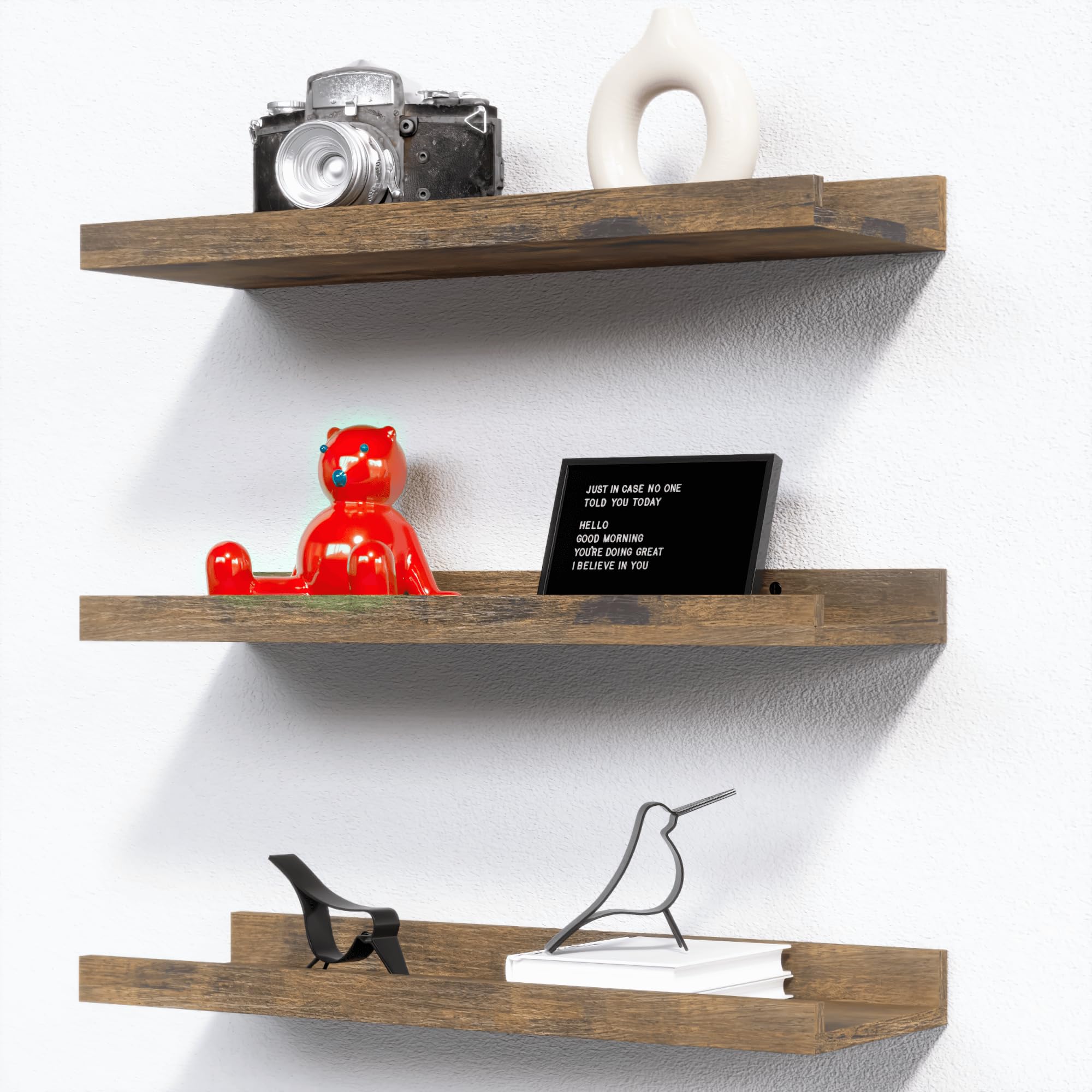 RICHER HOUSE Wandregal Walnuss, Schweberegal aus MDF Holz | Bilderleiste, Wandboard, Regal Wand für Fotorahmen und Dekos, Wohnzimmer, Kinderzimmer, Schlafzimmer, Küche, Badezimmerwand