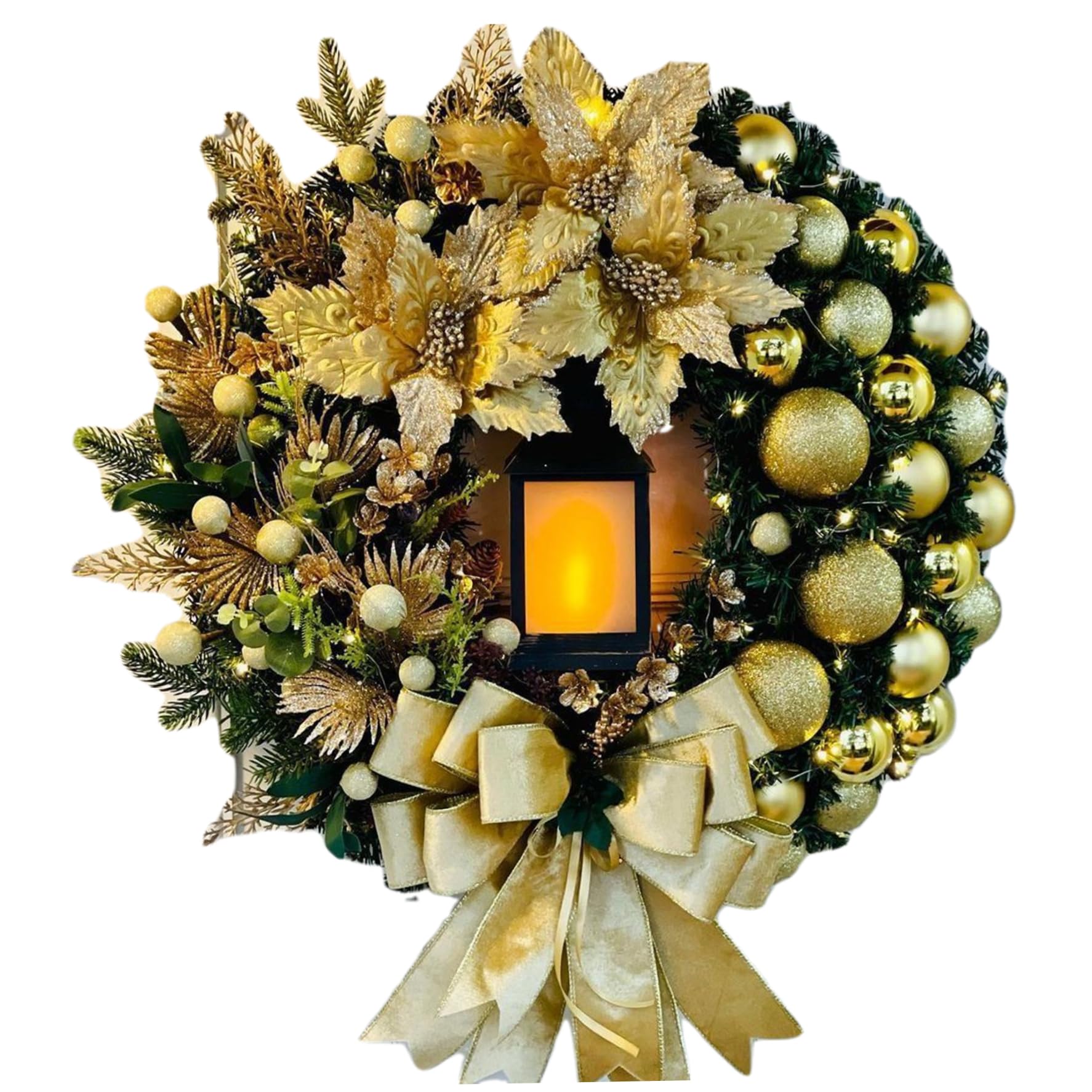 Christmas Wreaths for Front Door with Light & Bow Ribbon 12" Christmas Wreath Creative Artificial Door Wreath for Outdoor Indoor Decorations, Golden