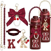 Black Cherry Cute Water Bottle Accessories for Owala FreeSip 24oz 32oz 40oz, Cherry Charm & Gold Letter Keychain Set with Pearl Strap, Initial Stickers for Kids Girls Gift