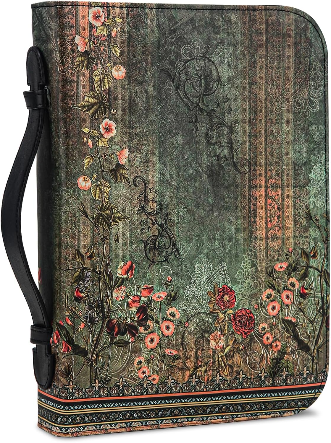 Bible Cover Case for Women PU Leather Woman Book Carrying Bag Bible, Protective Bible Organizer Holder Bag with Handle and Zippered Pocket, Christian Gift for Lady Girls (Boho Floral, XL)
