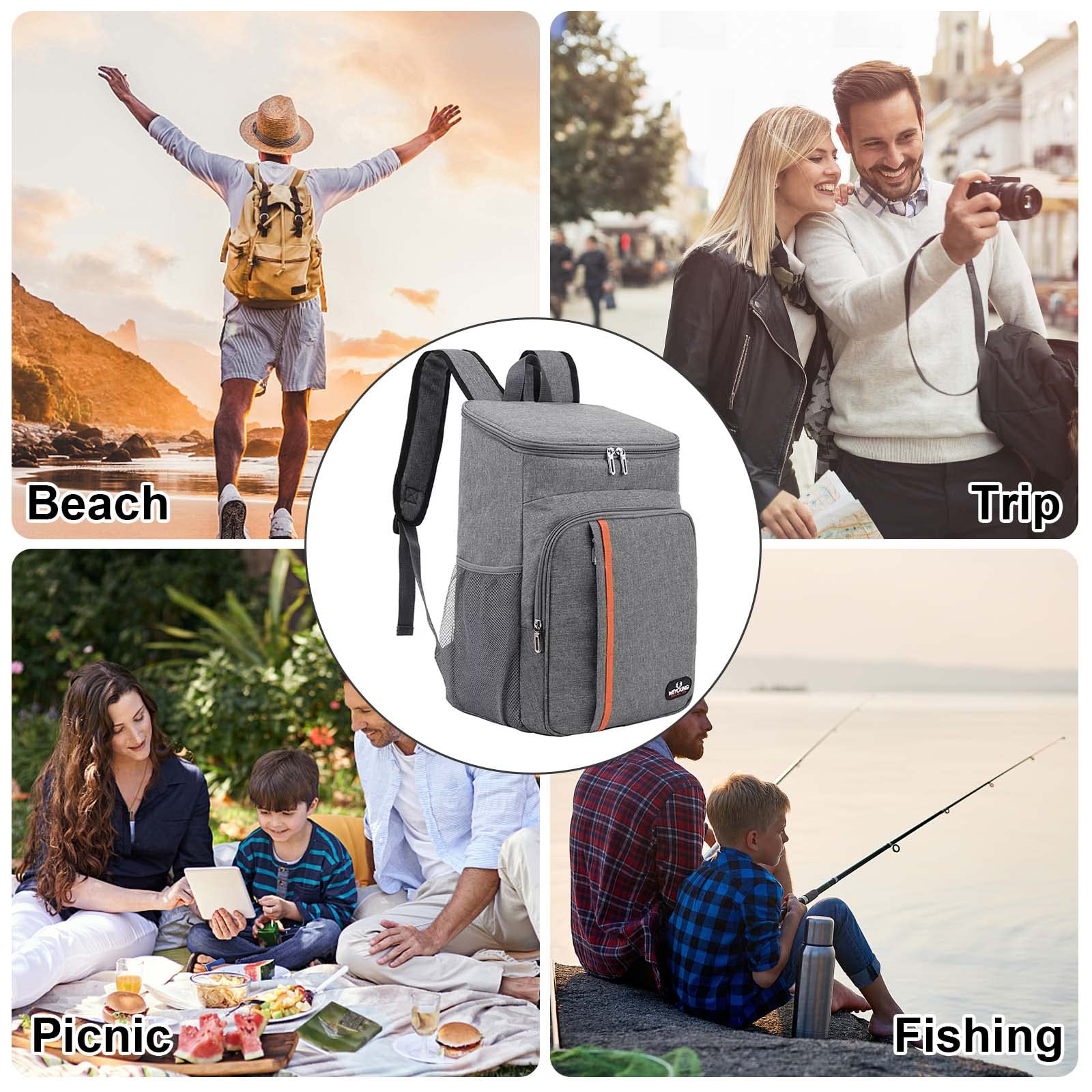 Sac Isotherme dos, Glacière Portable Thermique Étanche pour Homme Femme, Pique-Nique, Repas et Boissons, Camping, Plage, 29 x 19 x 42cm (Gris)