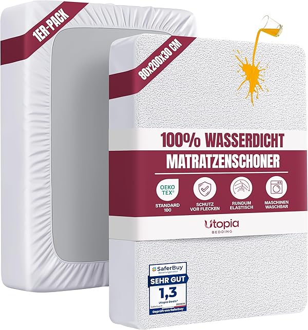 Utopia Bedding Matratzenschoner 80 x 200 x 30 cm Wasserdicht, Oeko-TEX Zertifiziert Matratzenauflage Atmungsaktive, Matratzenschutz, Rundum Elastisch Weiß
