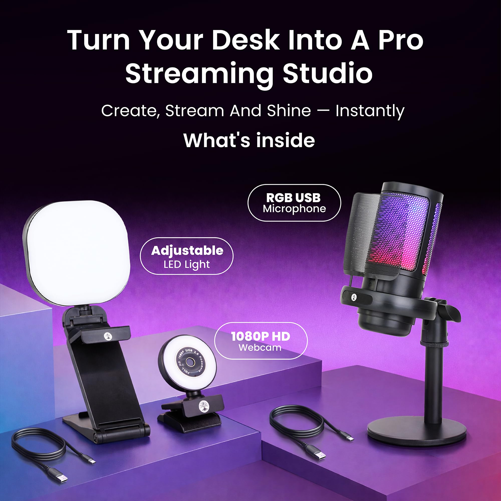 Webcam Streaming Kit with USB RGB Microphone & LED Light – 1080P 30FPS Streaming Camera Bundle for Twitch, YouTube, Podcasting, WFH – PC & Mac Compatible (Console Requires Computer & Capture Card)