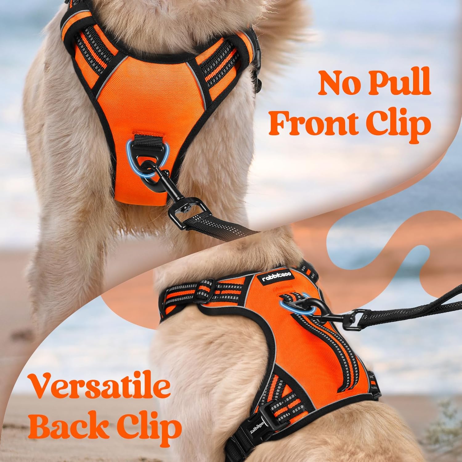 rabbitgoo Dog Harness for Large Dogs, No Pull Pet Harness with Soft Padded Handle, Adjustable Reflective Vest with 3 Buckles, Easy Walking Harness with 2 Leash Clips, Orange, M