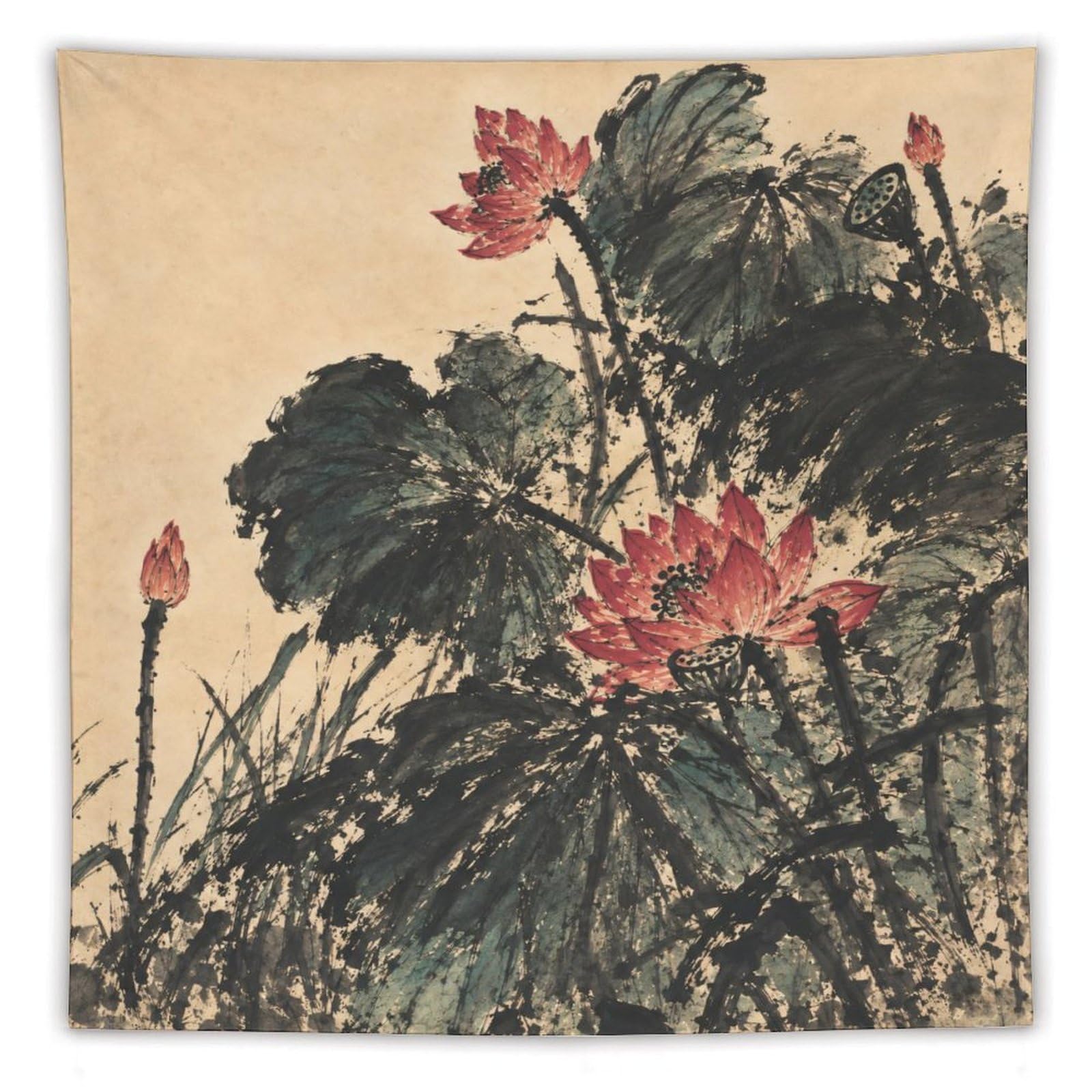 H3B8U2Y5 Dark Lotus Flowers Wall Tapestry, Asian Ink Style, Red Accents