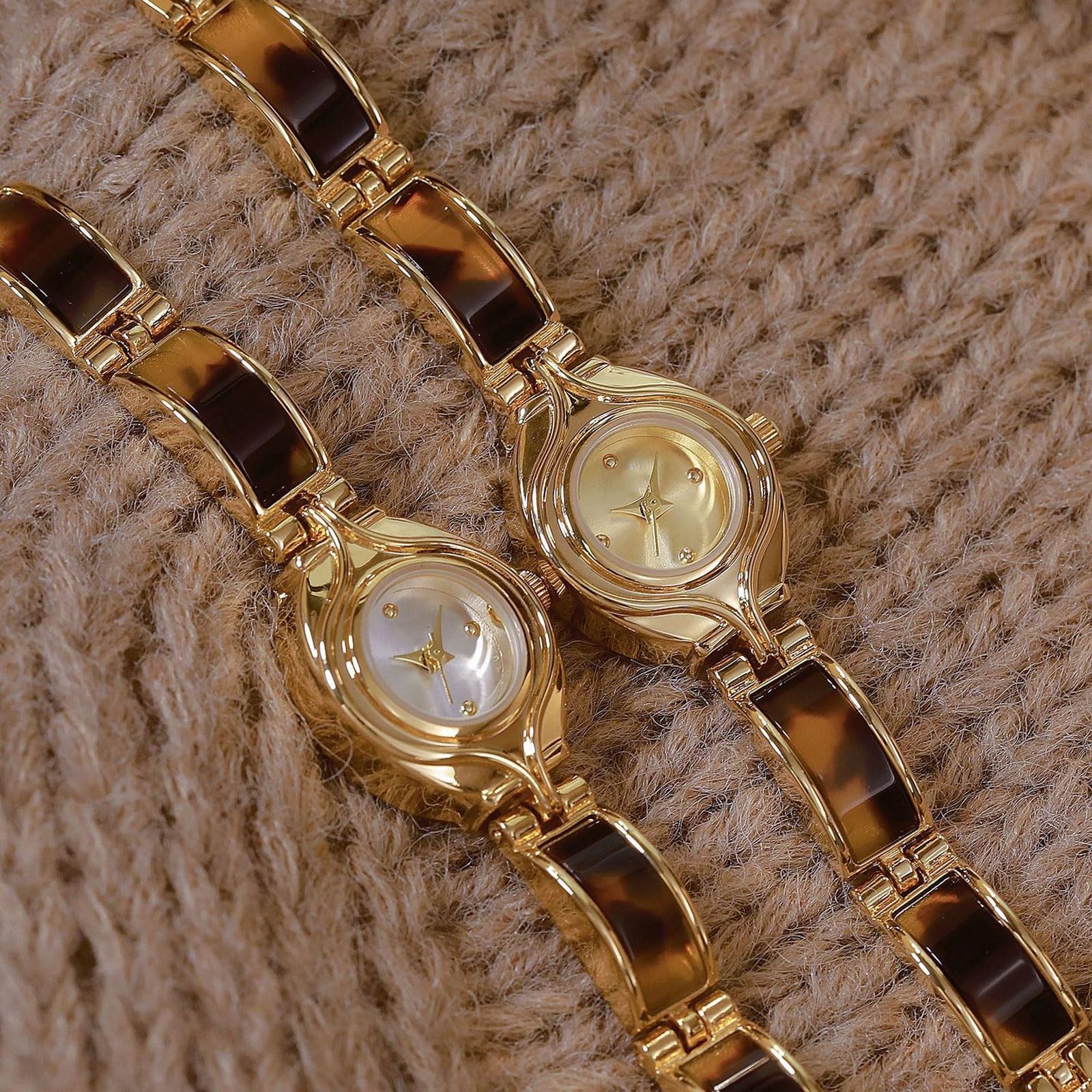 Reloj de Cuarzo Resistente al Agua (Paquete de 2), con Pulsera de Color ámbar y Tortuga, Estilo Retro, Redondo y pequeño, un Hermoso Regalo for Mujer. Reloj de Pulsera(Gold)