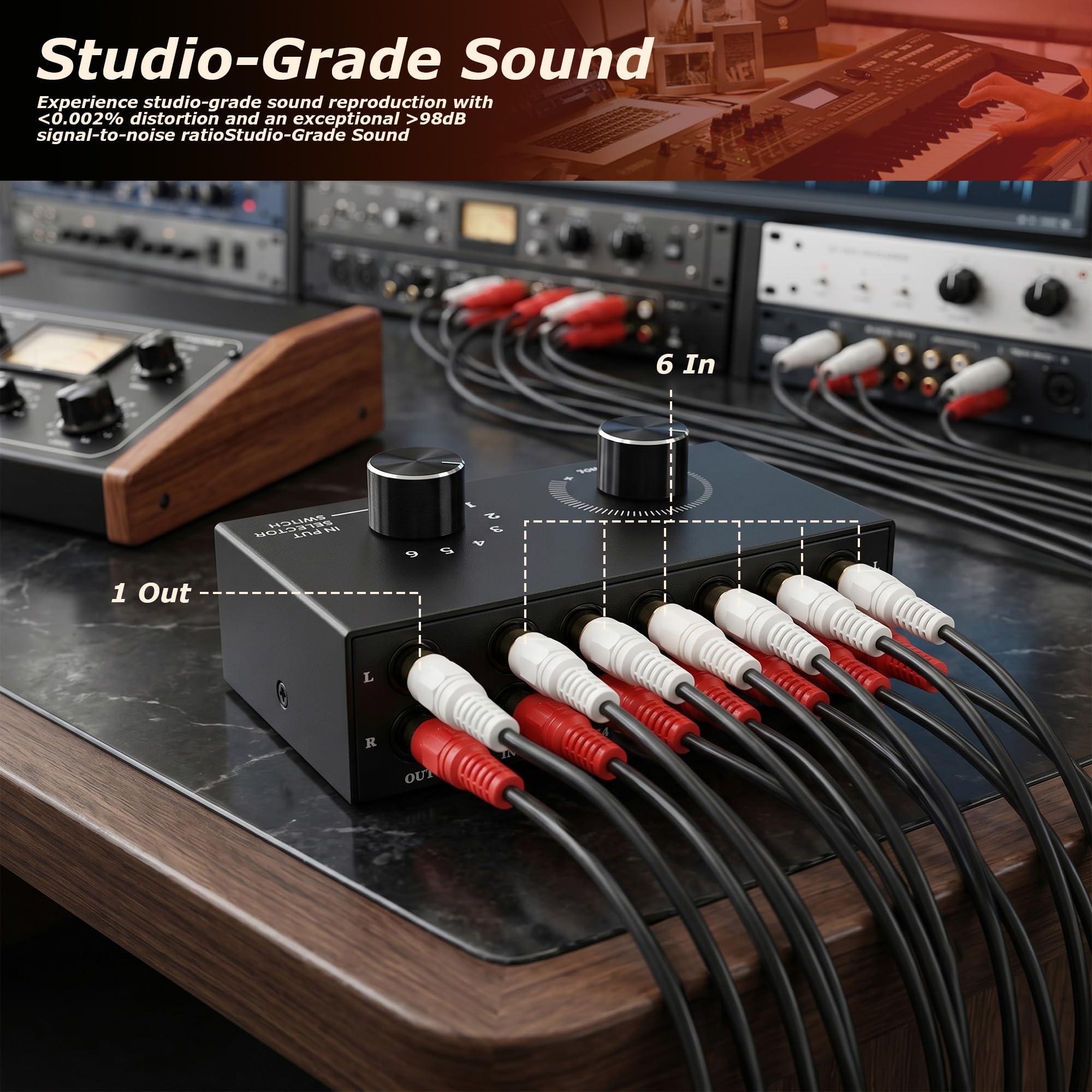Conmutador de audio RCA, selector de audio 6 en 1, caja de selección estéreo pasiva de 6 canales, caja de metal, Plug and Play, control de volumen para sistemas de alta fidelidad