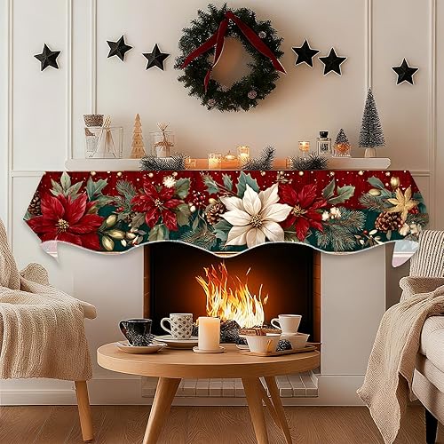 Miniatura 4 de Bufanda de Navidad para chimenea, cubierta decorativa para Navidad, invierno, mantel superior (flor de pascua con borde dorado, 70 pulgadas de largo