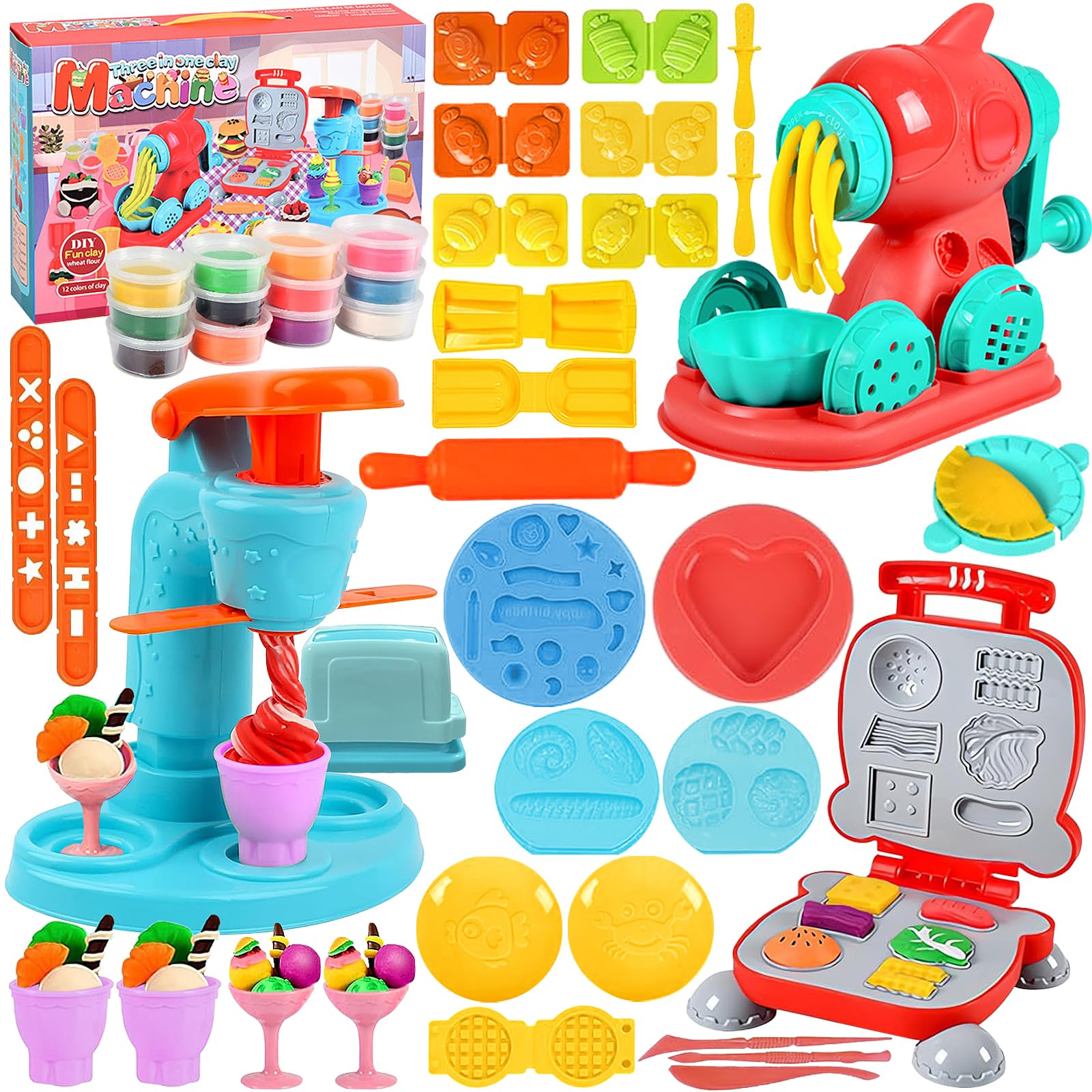 Snarflun Juego de Plastilina Juguetes 51PCS Accesorios Cocina Creaciones Juego, Herramientas Plastilina para Niños con 12 Cajas Arcilla Helados Máquina,Pastelera,Hamburguesa Regalo di 3+ años