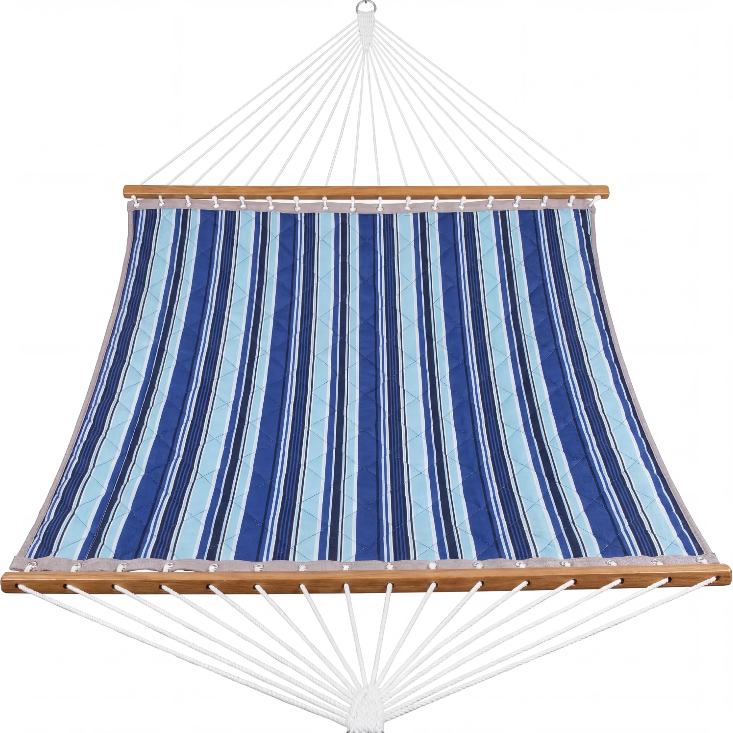 Amaca da Giardino Doppia per Esterni – Barra distanziatrice in Legno, Cuscino Rimovibile, Tasche – Catene Incluse – Strisce Blu – 350cm