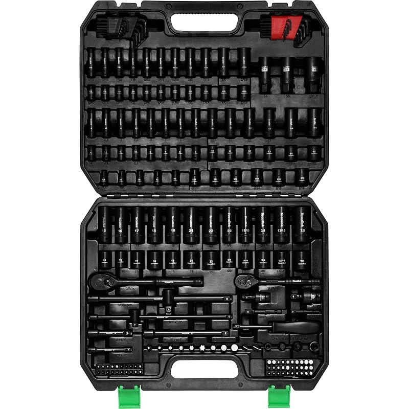 TecoTek Kit de Soquetes de Impacto 1/4 e 3/8 com 189 Peças, Métrico e SAE, Aço Cromo-Vanádio, Soquetes Longos e Curtos, Catracas e Bits