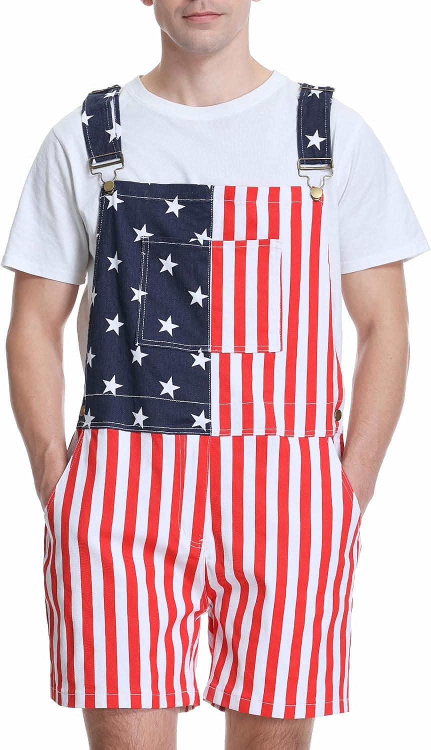 Bib Overalls for Men Adjustable Straps Work Coveralls Printed Shorts Jumpsuit