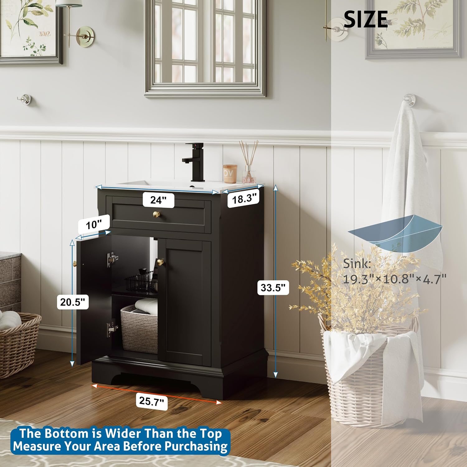 eclife 24" Bathroom Vanity with Sink Combo, Vintage Bathroom Vanities Storage Cabinet w/Painted Surface, Raised Arch Feet, Soft Closing Doors, Undermount Sink Faucet Drain, Black