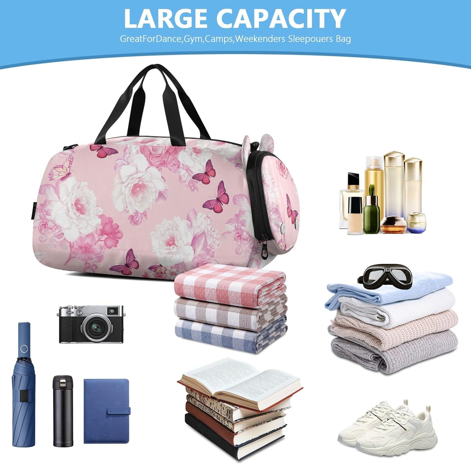 Carry on Duffel Bag for Boys White Pink Flowers Butterfly Toddler Weekender Bags Girls Duffle Bags Travel Tote Shoe Compartment