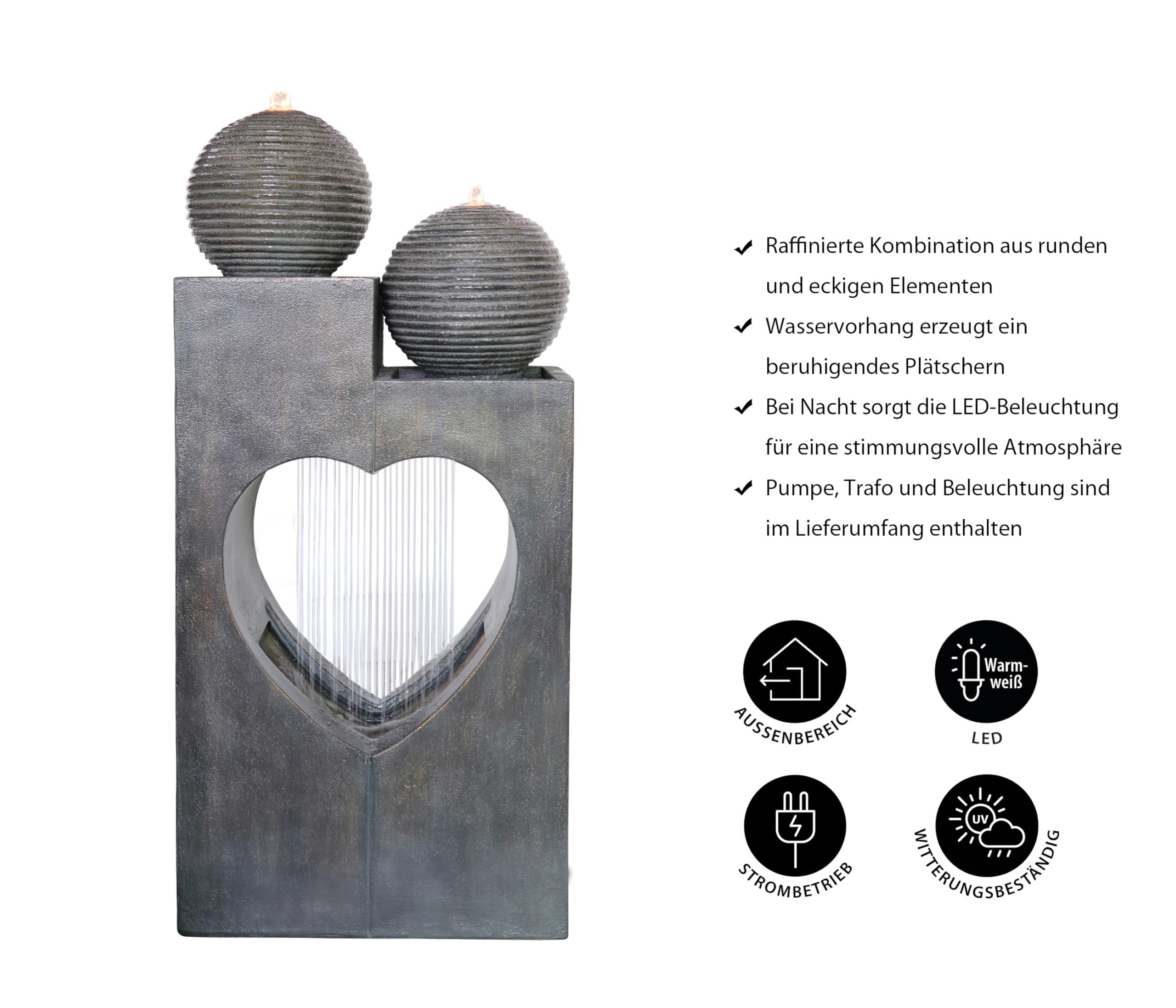 Dehner Gartenbrunnen Amor, Outdoor-Brunnen, mit LED-Beleuchtung, frostbeständig, ca.46x23x99 cm, Polyresin, grau