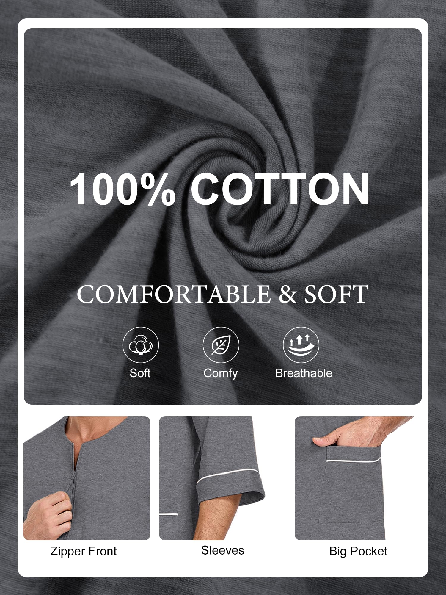 EA'S SECRET Herren 100% Baumwolle Morgenmantel Weicher Reißverschluss Bademantel Kurzarm Sommer Kimono Hausmantel Mit Taschen