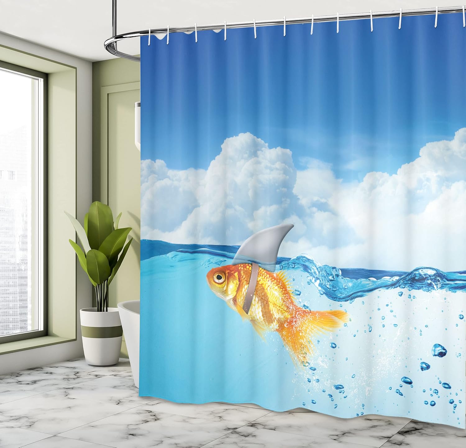 Ambesonne Shark Shower Curtain, Goldfish Mammal Fin on Top of The Water Fake Comical Humorous Nature Image, Cloth Fabric Bathroom Decor Set with Hooks, 69" W x 70" L, Blue Orange