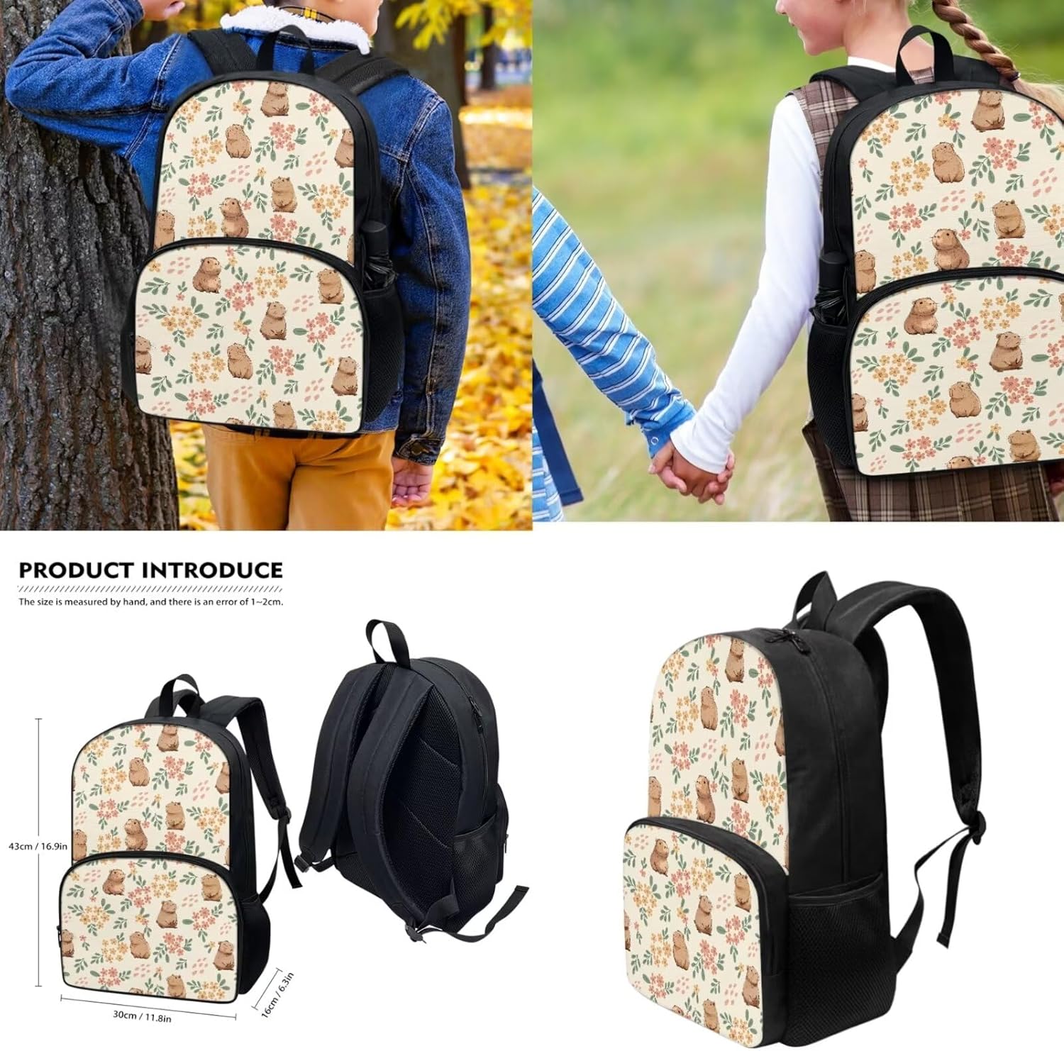 4 Pack Cute Capybara Flower Schoolbag Set with Insulated Lunch Box Pencil Case Water Bottle Holder Bag for Preschool,Elementary,Middle School Girls Schoolbag Capybara Lover Daypack