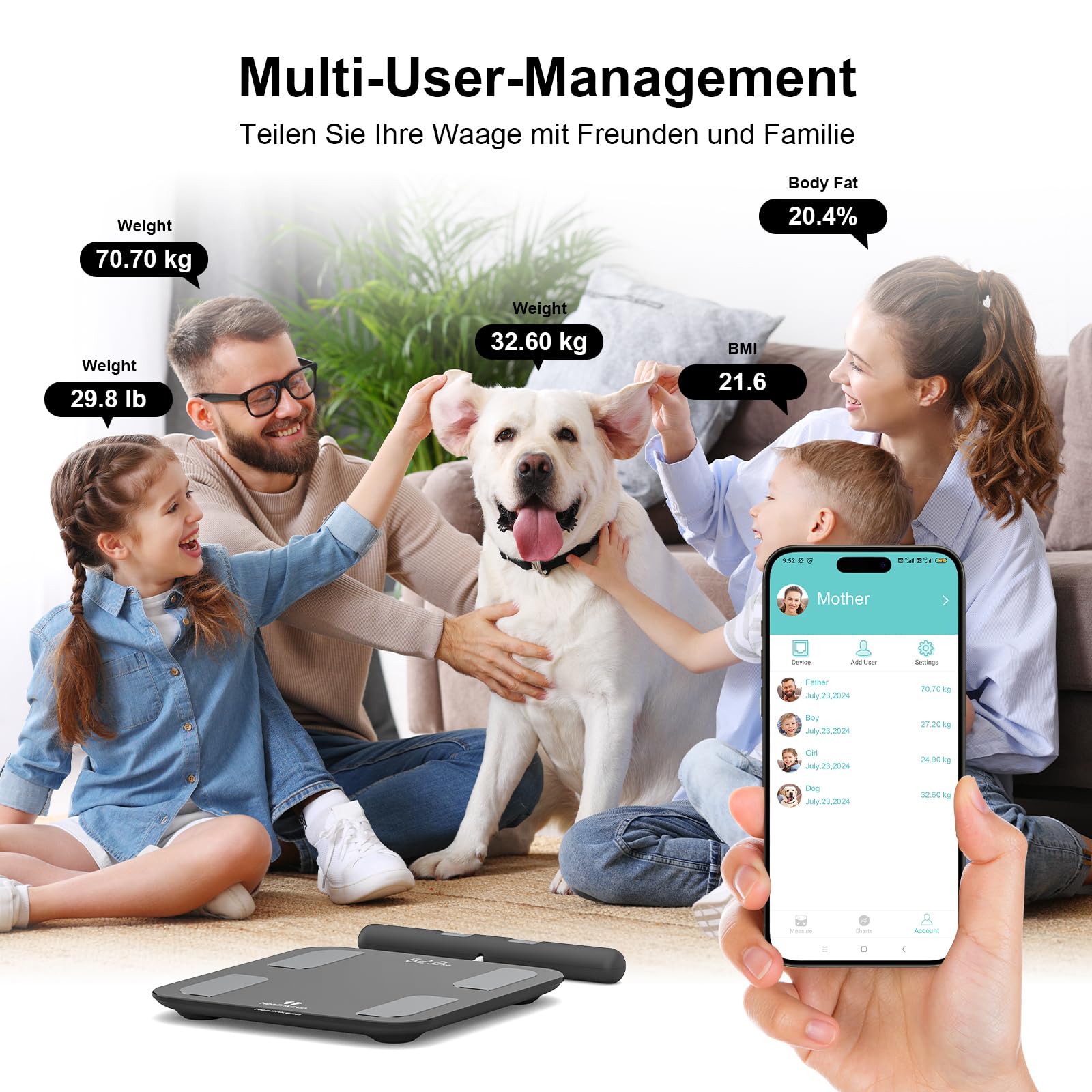 Körperfettwaage Digital Personenwaage Bluetooth mit 8 Elektroden Ganzkörperanalyse Waage mit APP und Handsensoren Smart Körperwaage für 18 Körperdaten Analysiert (300 Schwarz)